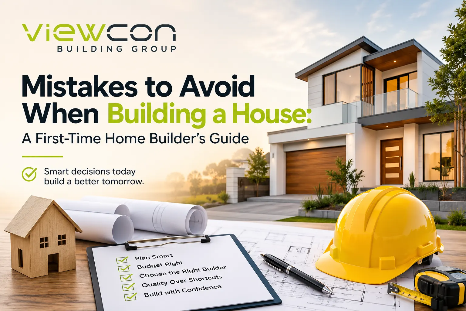 Feature image for a first-time home builder guide showing a modern custom home, architectural plans, safety helmet, checklist, and Viewcon Building Group branding with the title 'Mistakes to Avoid When Building a House: A First-Time Home Builder's Guide.'